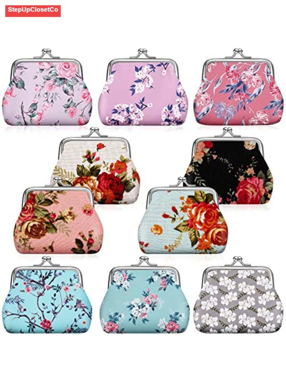 Set of 10 Floral Kiss Lock Coin Purses Wallets Canvas Small Pouches